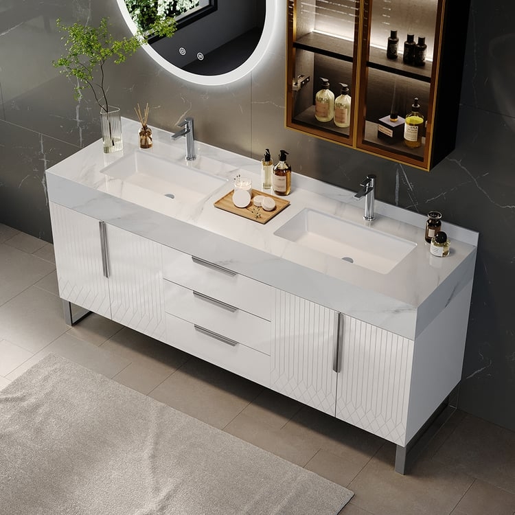 Double Bathroom Vanity Fluted Door White Chrome Base