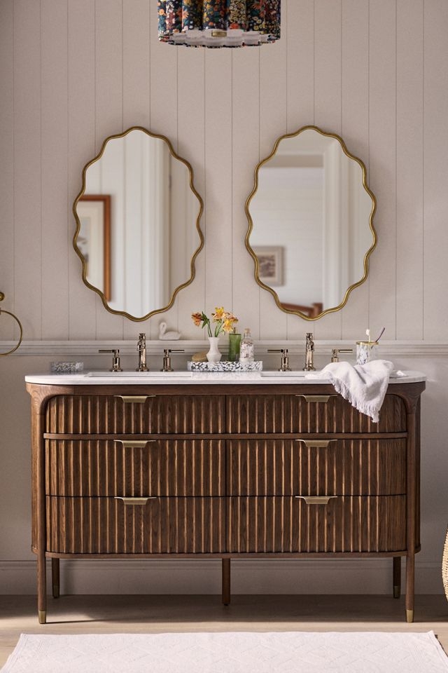 Double Bathroom Vanity: Fluted Wood Scalloped Mirror Set