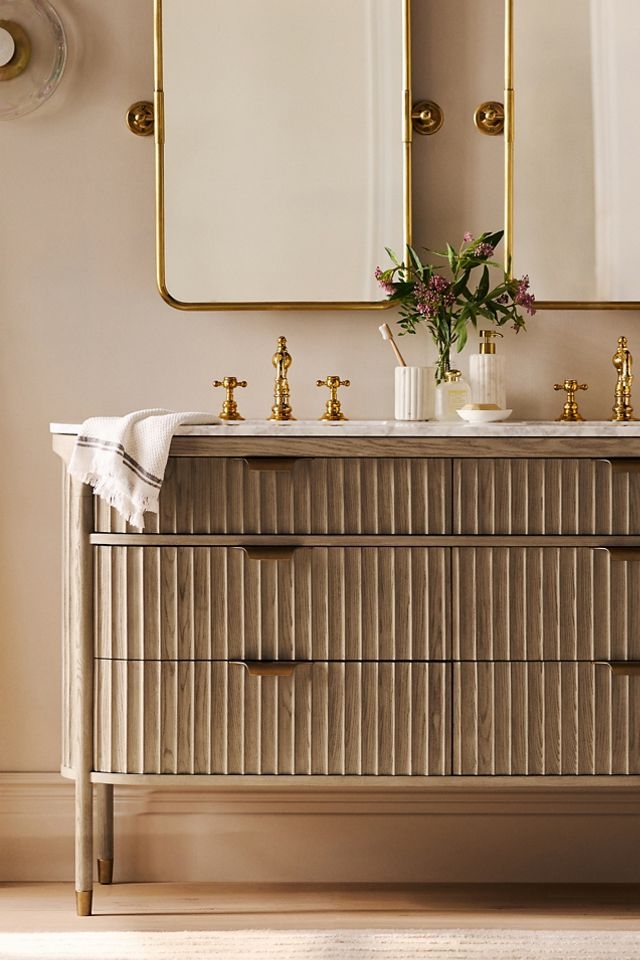 Double Bathroom Vanity: Reeded Wood with Curved Ends Design