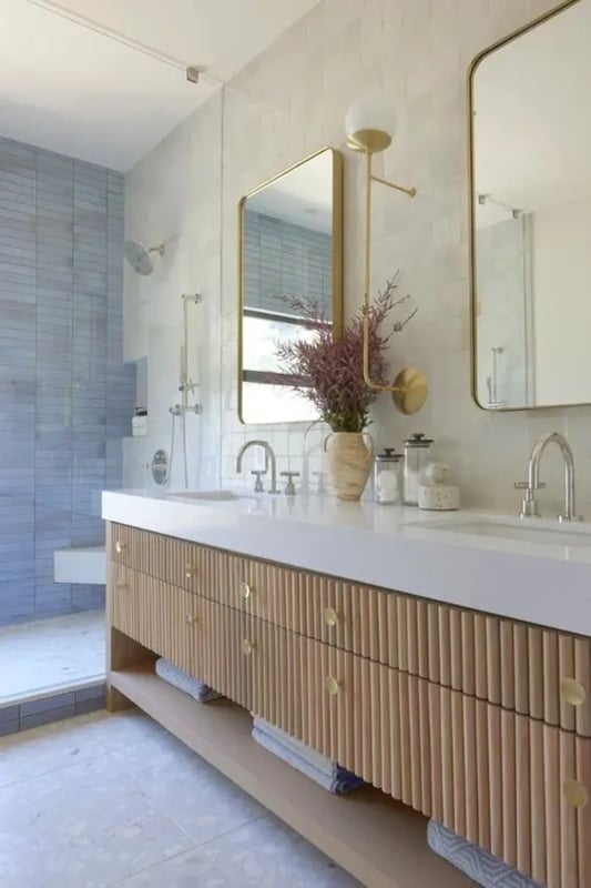 Double Bathroom Vanity: Vertical Fluted Wood and Gold Set