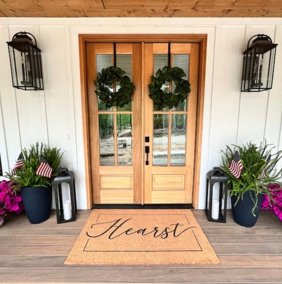 Double Door Doormat: Personalized Script Magnolia Wreath Decor