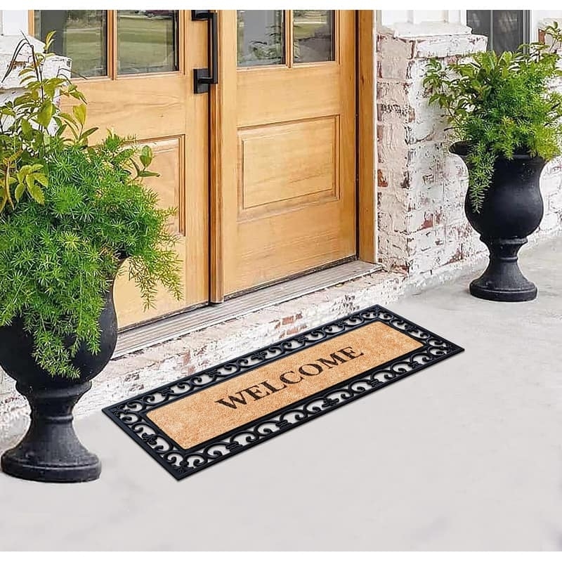 Double Doormat: 48 Inch Length Scrollwork Rubber Fleur De Lis