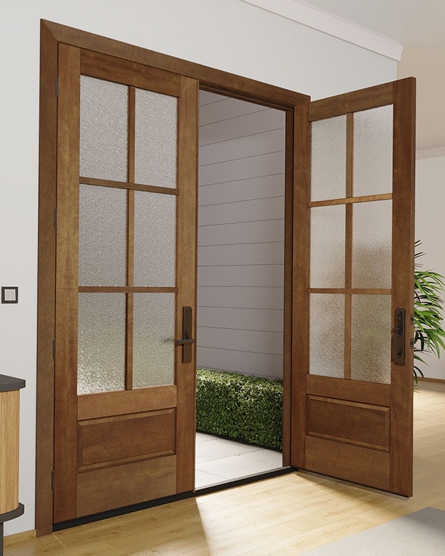 Double Exterior Door Mahogany Textured Glass Panes SDL