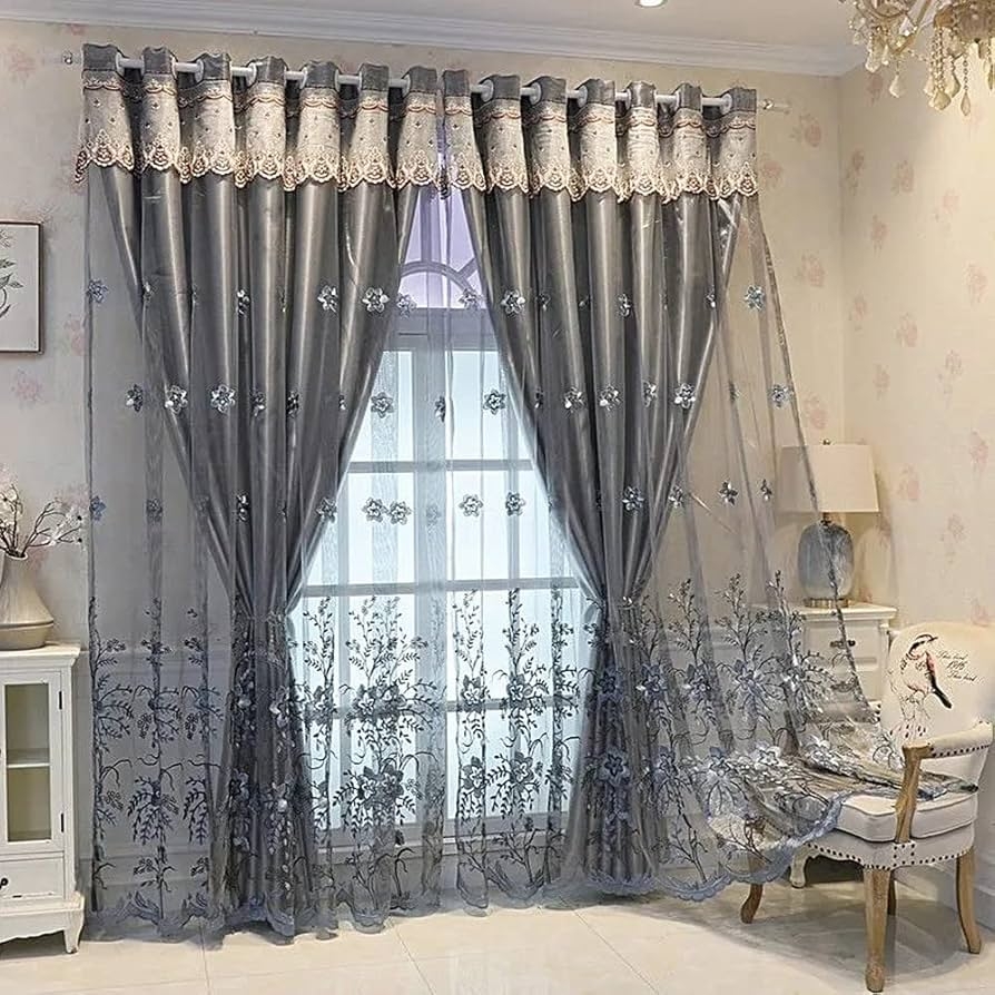 Double Layer Curtains: Grey Embroidery Scalloped Trim