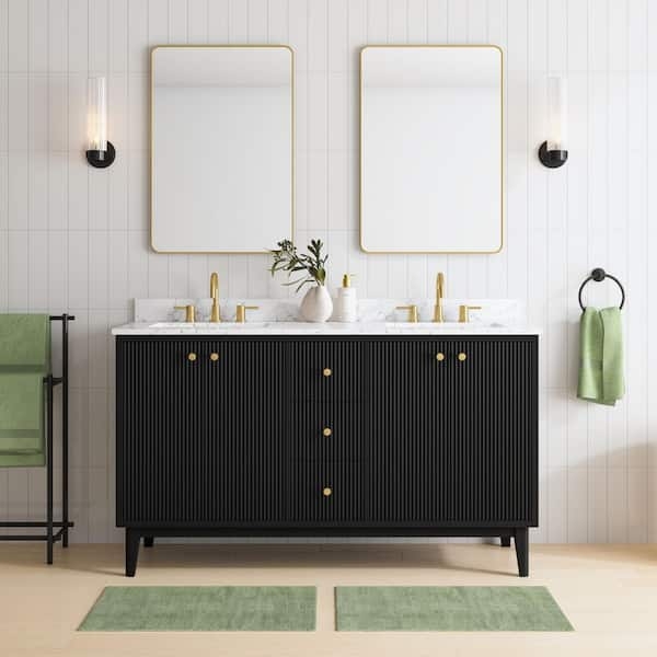 Double Sink Vanity: 60 Inch Matte Black Fluted Texture