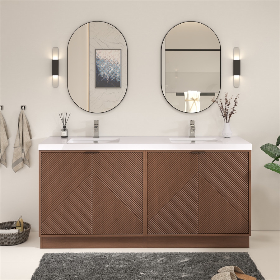 Double Vanity: 72 Inch Fluted Chevron Doors Walnut Brown