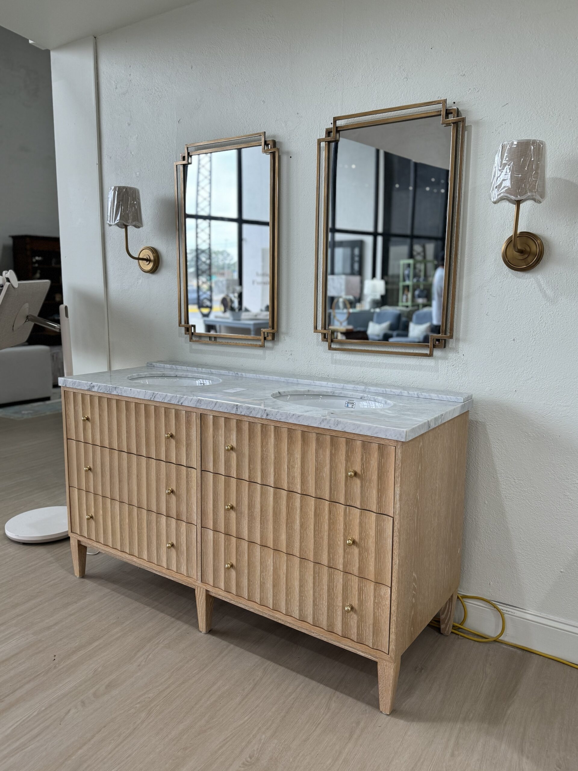 Double Vanity: Fluted Oak Fronts with White Marble Top