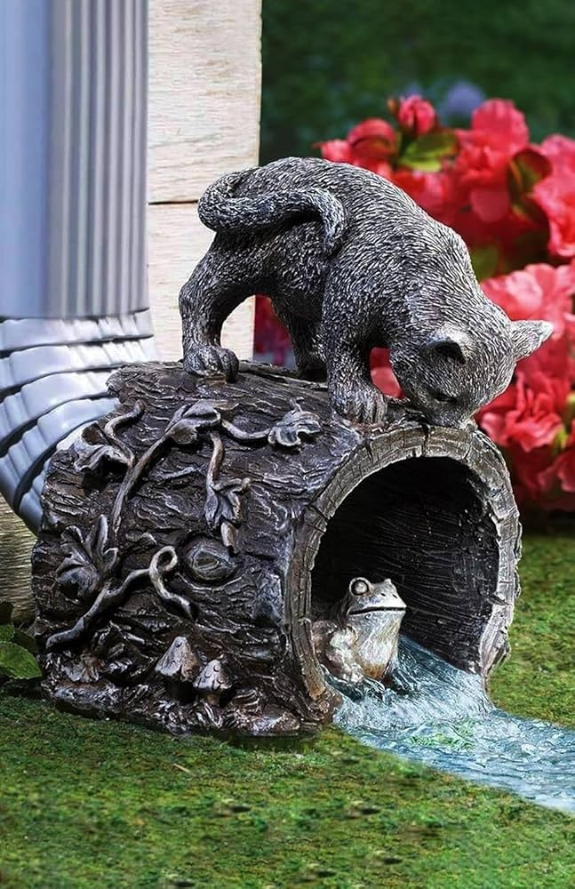 Downspout Diverter Playful Animal Motif Rustic Log Garden Statue