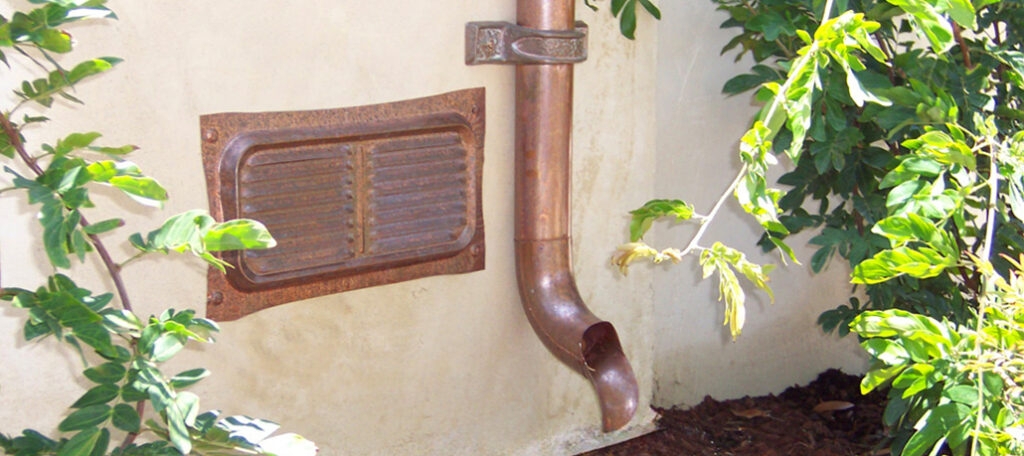 Downspout System Ornate Bracket Weathered Patina Curved Drain Shoe