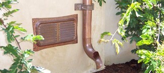 Downspout System Ornate Bracket Weathered Patina Curved Drain Shoe