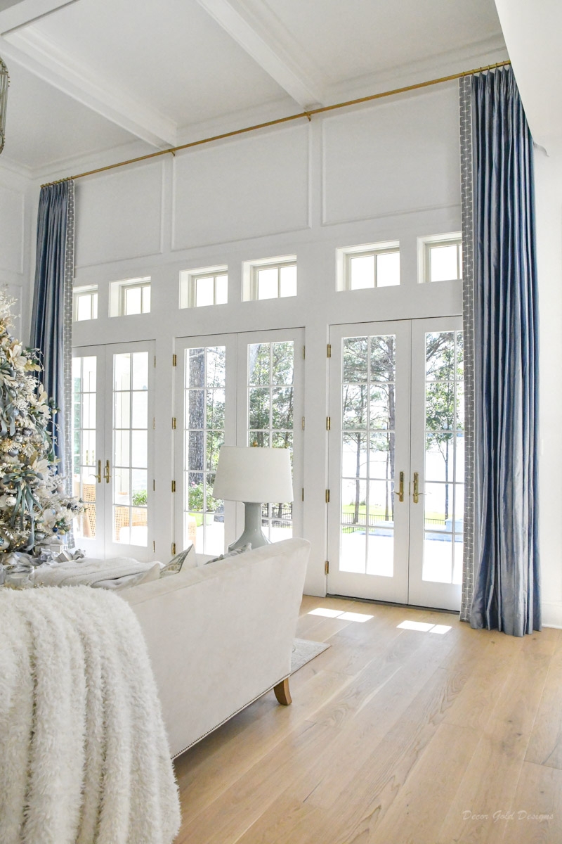 Drapery Panels: Greek Key Trim Dusty Blue Brass Rod