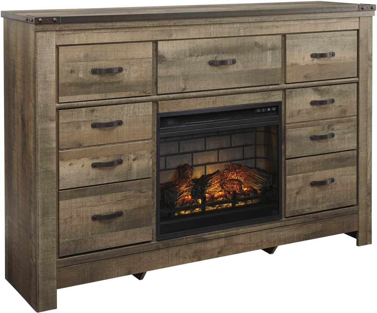 Dresser Fireplace Combo with Faux Brick Interior Detail