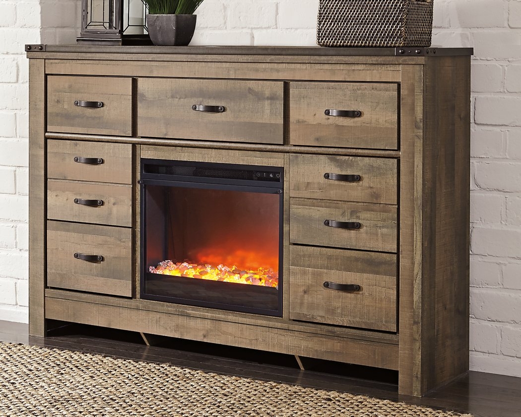 Dresser Fireplace Combo with Metal Rivet Trim Detail