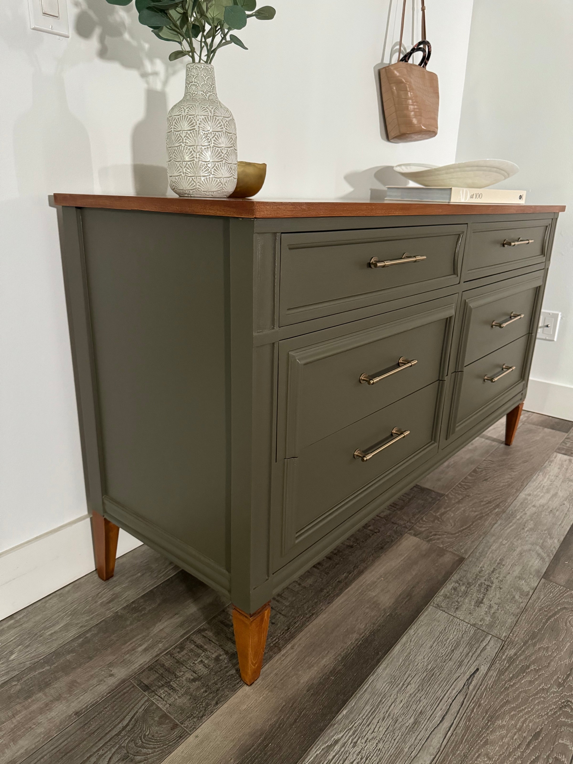 Dresser Gold Bar Pulls Olive Green 6 Drawer Chest