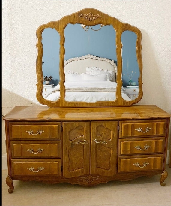 Dresser Mirror Set: Triptych Mirror with Honey Brown Wood