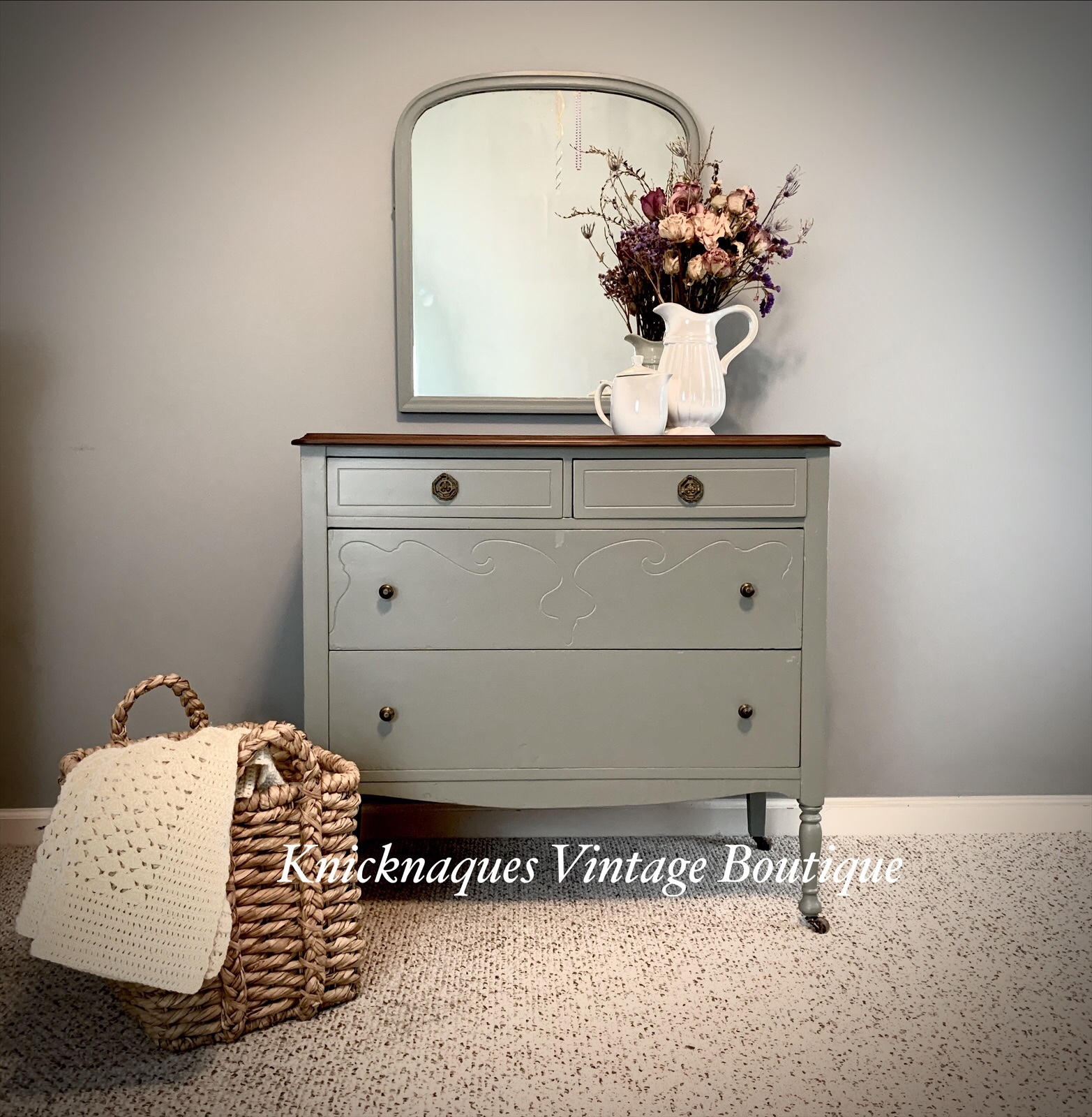 Dresser Scroll Carving Refurbished Sage Green Dresser