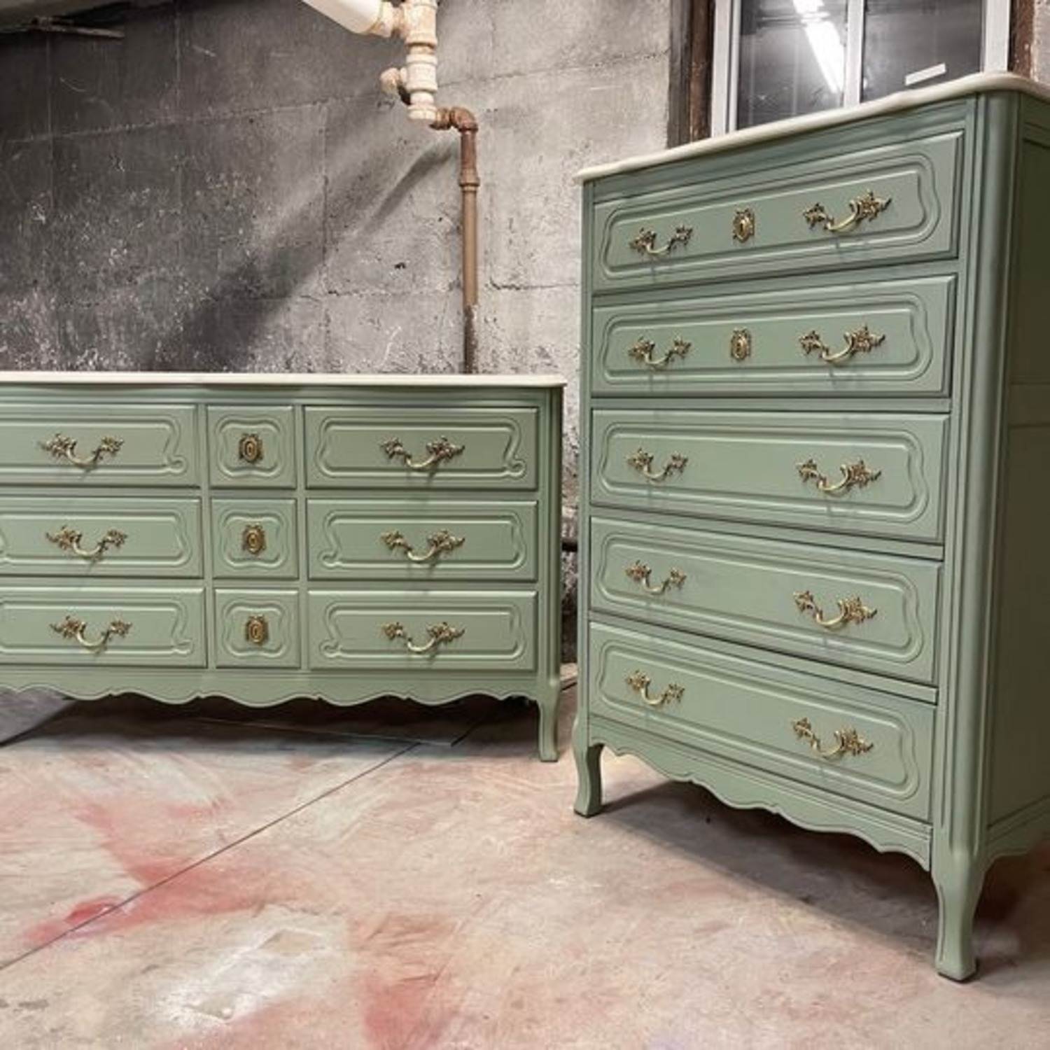 Dresser Set Ornate Brass Pulls Sage Green French Dresser