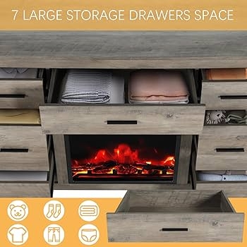 Dresser With Fireplace Unit showing Amber Glow Storage