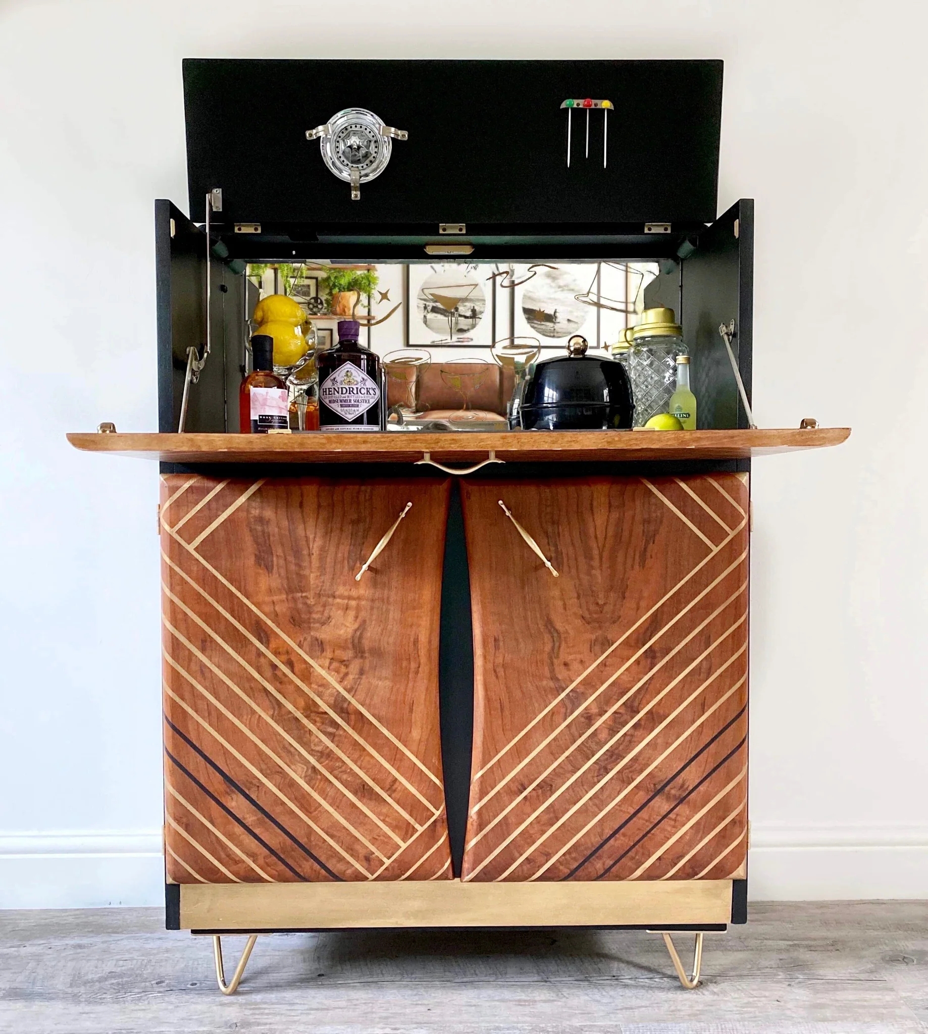 Drinks Cabinet with Chevron Inlay and Retro Hairpin Legs