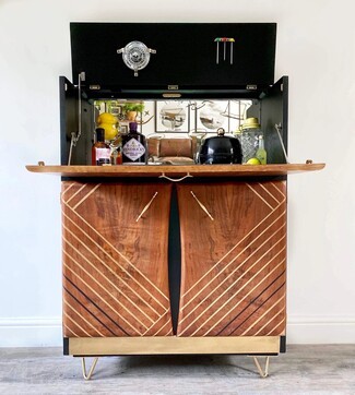 Drinks Cabinet with Chevron Inlay and Retro Hairpin Legs