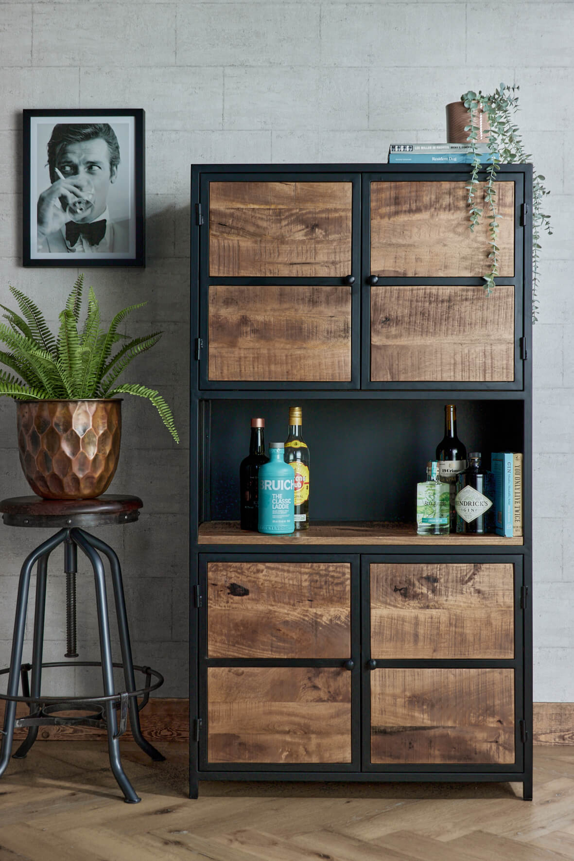 Drinks Cabinet with Open Display Niche and Industrial Metal