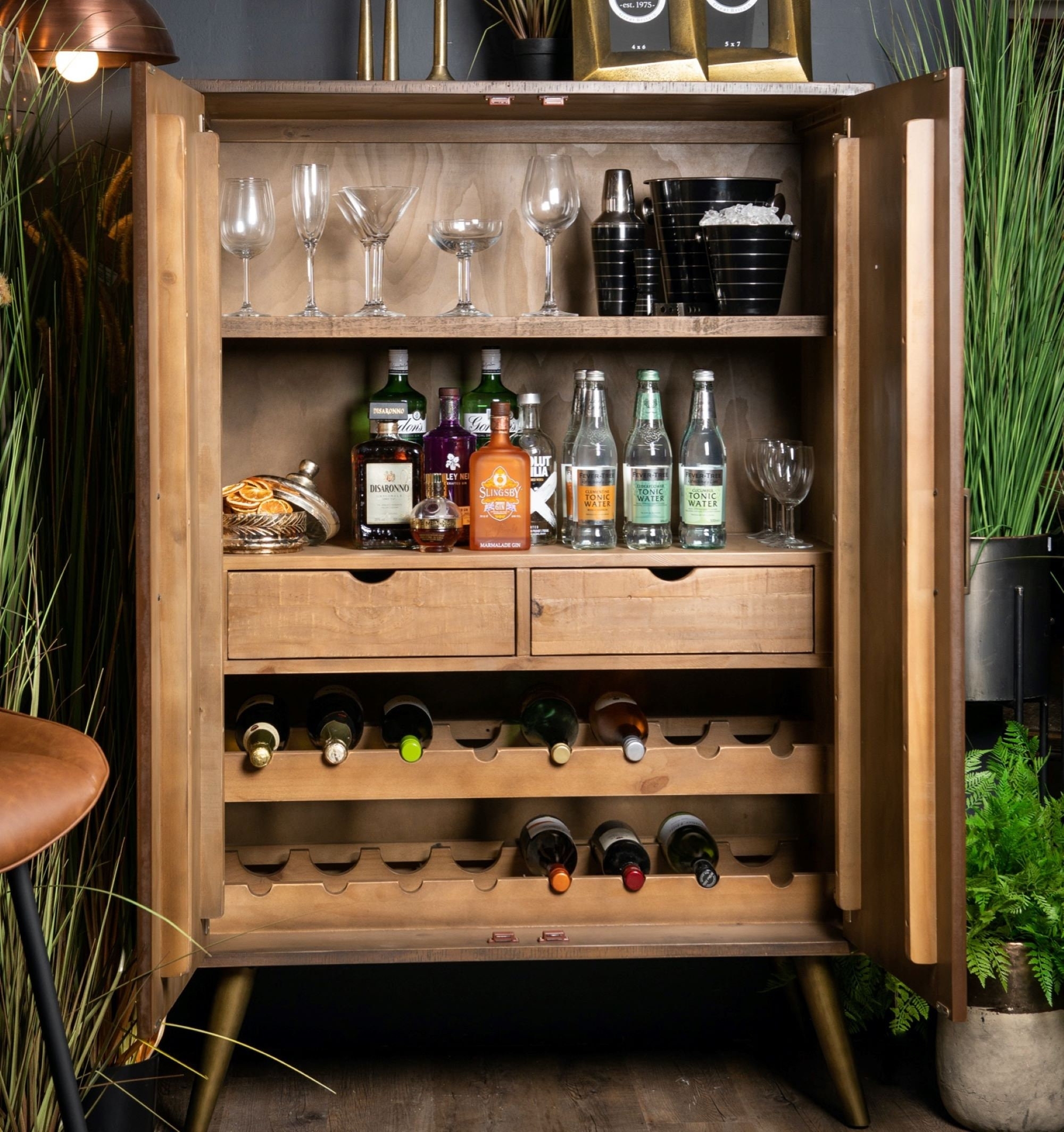 Drinks Cabinet with Scalloped Wine Racks and Modern Apothecary