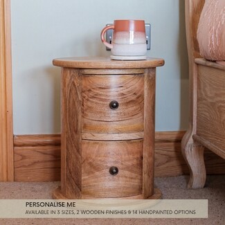 Drum Bedside Table Mango Wood Rustic 2 Drawer Nightstand