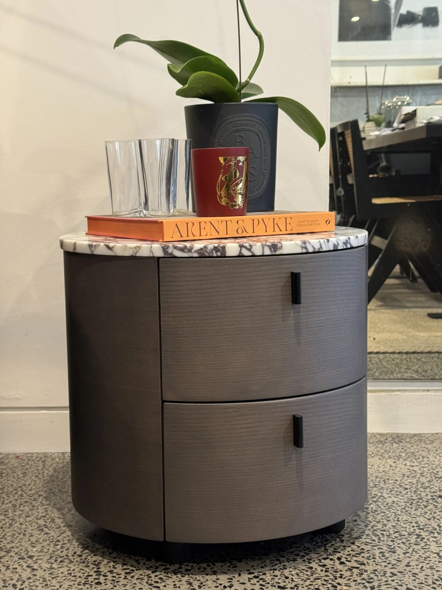 Drum Bedside Table Stone Top Charcoal Drum Bedside Table