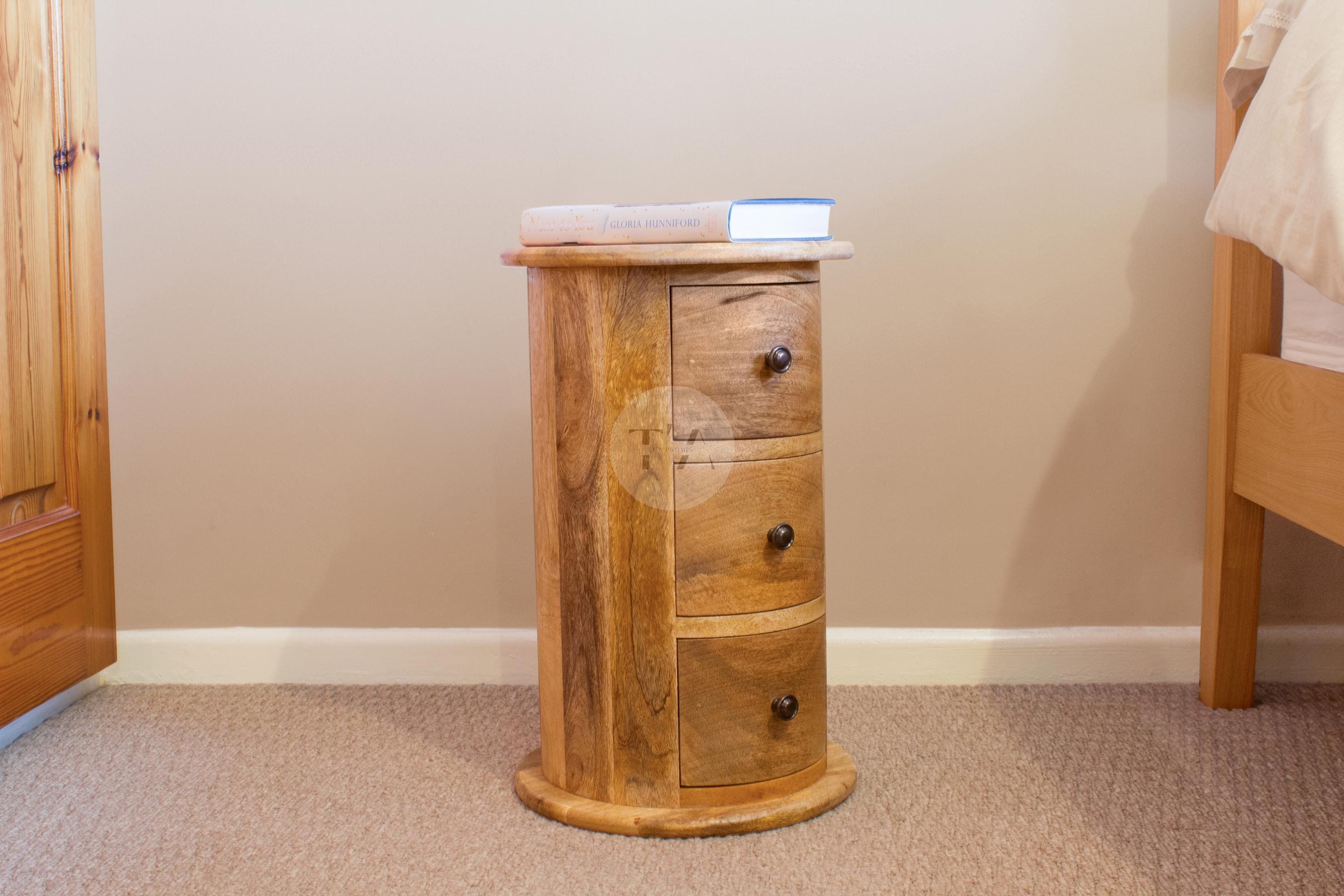 Drum Bedside Table Vertical Planking Small Wood Drum Cabinet
