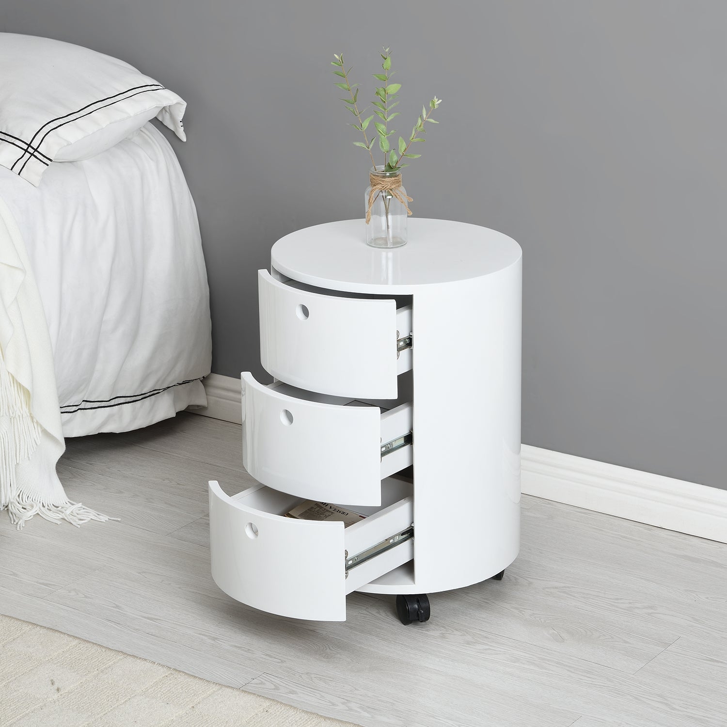 Drum Chest High Gloss White Modern 3 Drawer Barrel Table