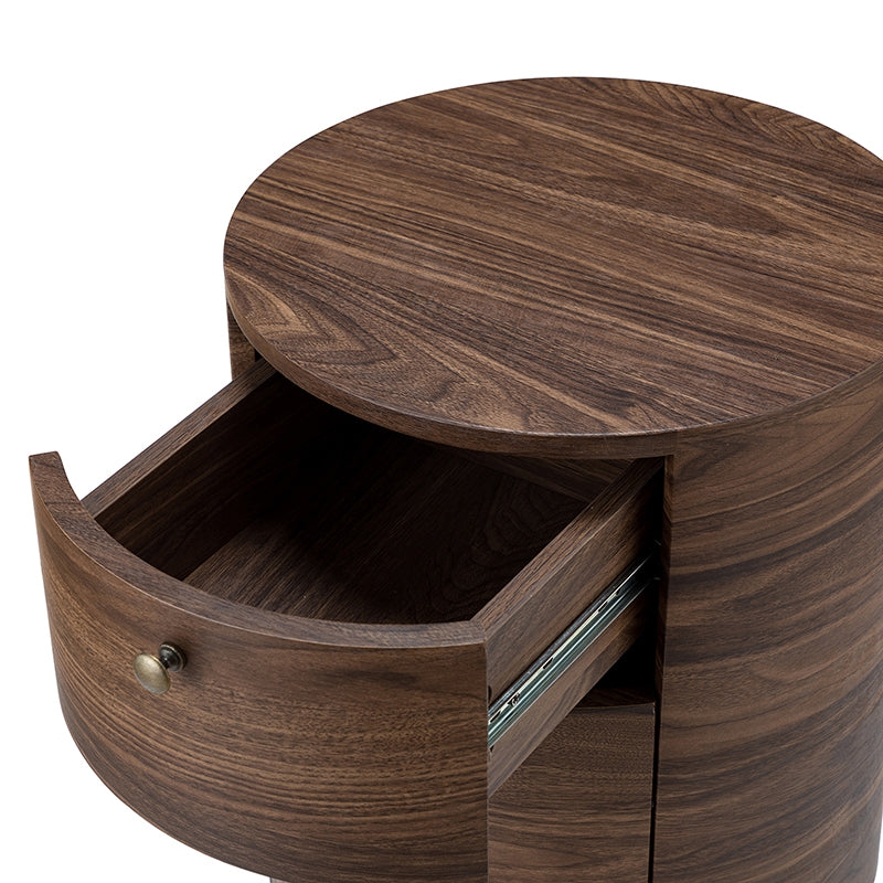 Drum End Table Curved Drawer Front Cylindrical Walnut Table