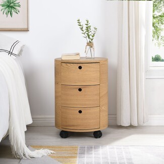 Drum Nightstand Oak Caster Wheels Mobile Bedside Storage