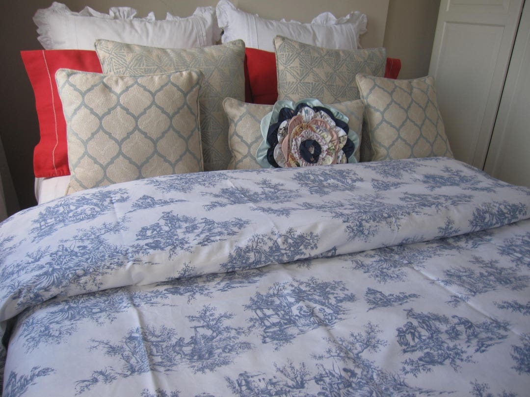 Duvet Cover: Red Accent Pillows Navy Blue Toile Bedding