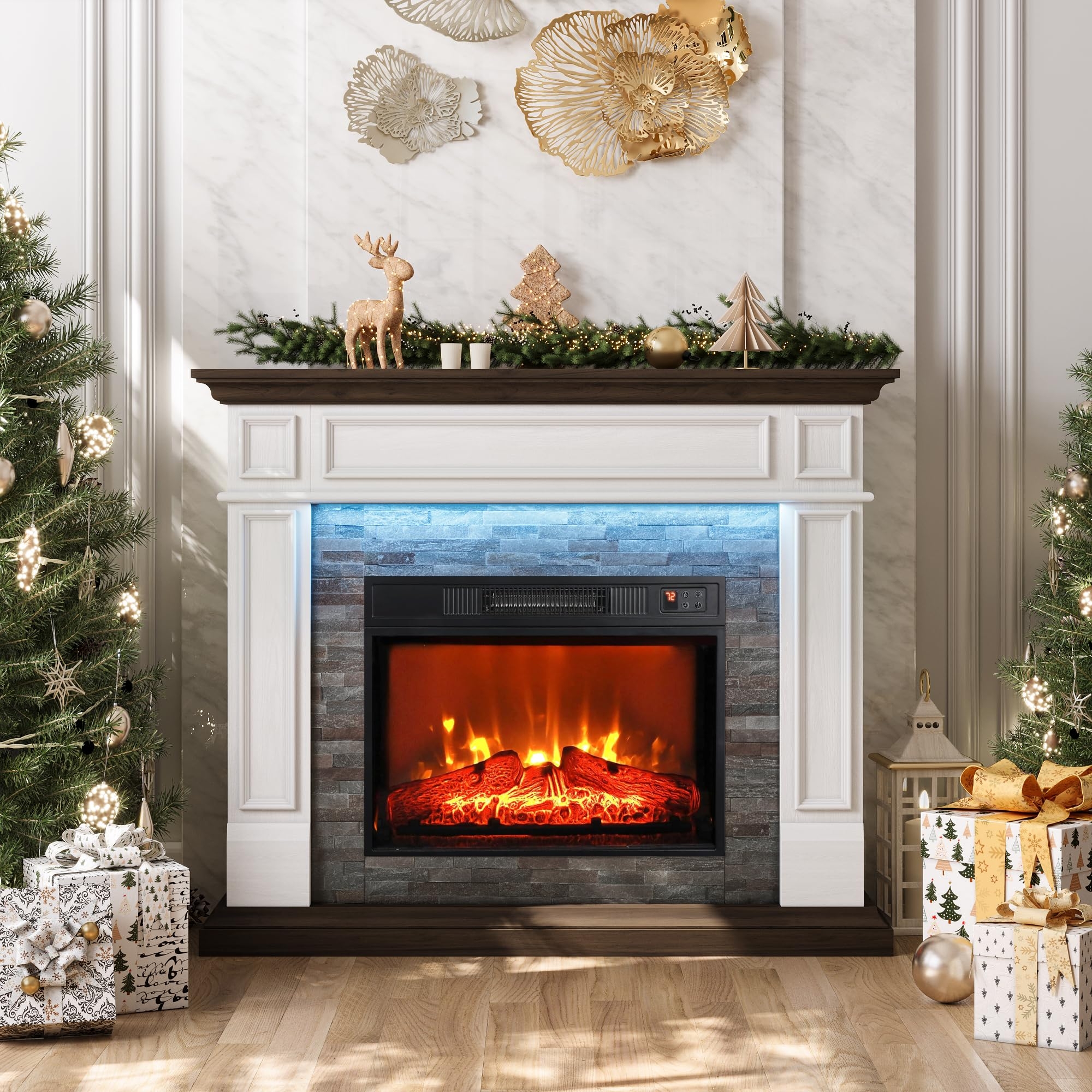 Electric Fireplace Blue LED Accent White Stone Mantel