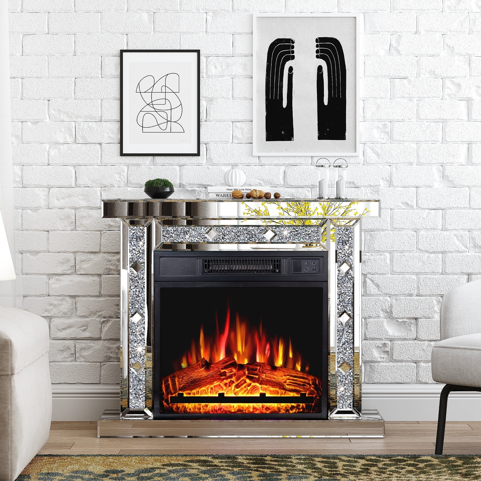 Electric Fireplace Compact Width Shimmering Mantel
