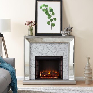 Electric Fireplace Faux Marble Silver Antique Trim