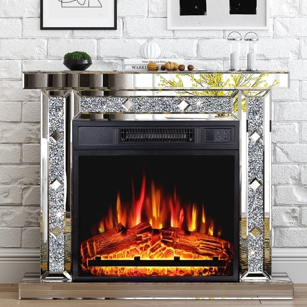 Electric Fireplace Glam Mirrored Mantel Diamond Accents