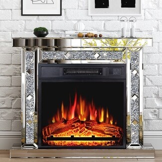Electric Fireplace Glam Mirrored Mantel Diamond Accents