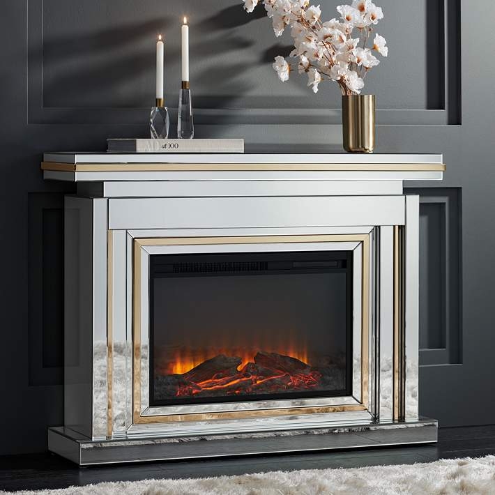 Electric Fireplace Gold Accent Trim Mirrored Panels
