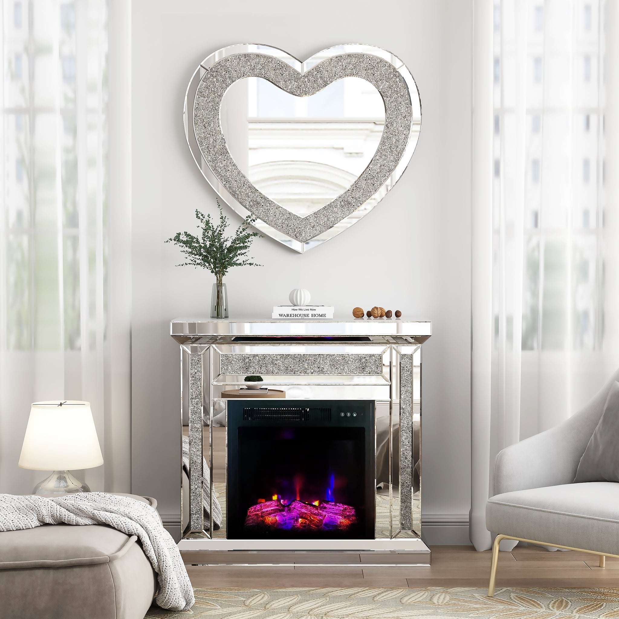 Electric Fireplace Heart Shaped Mirror Crystal Border