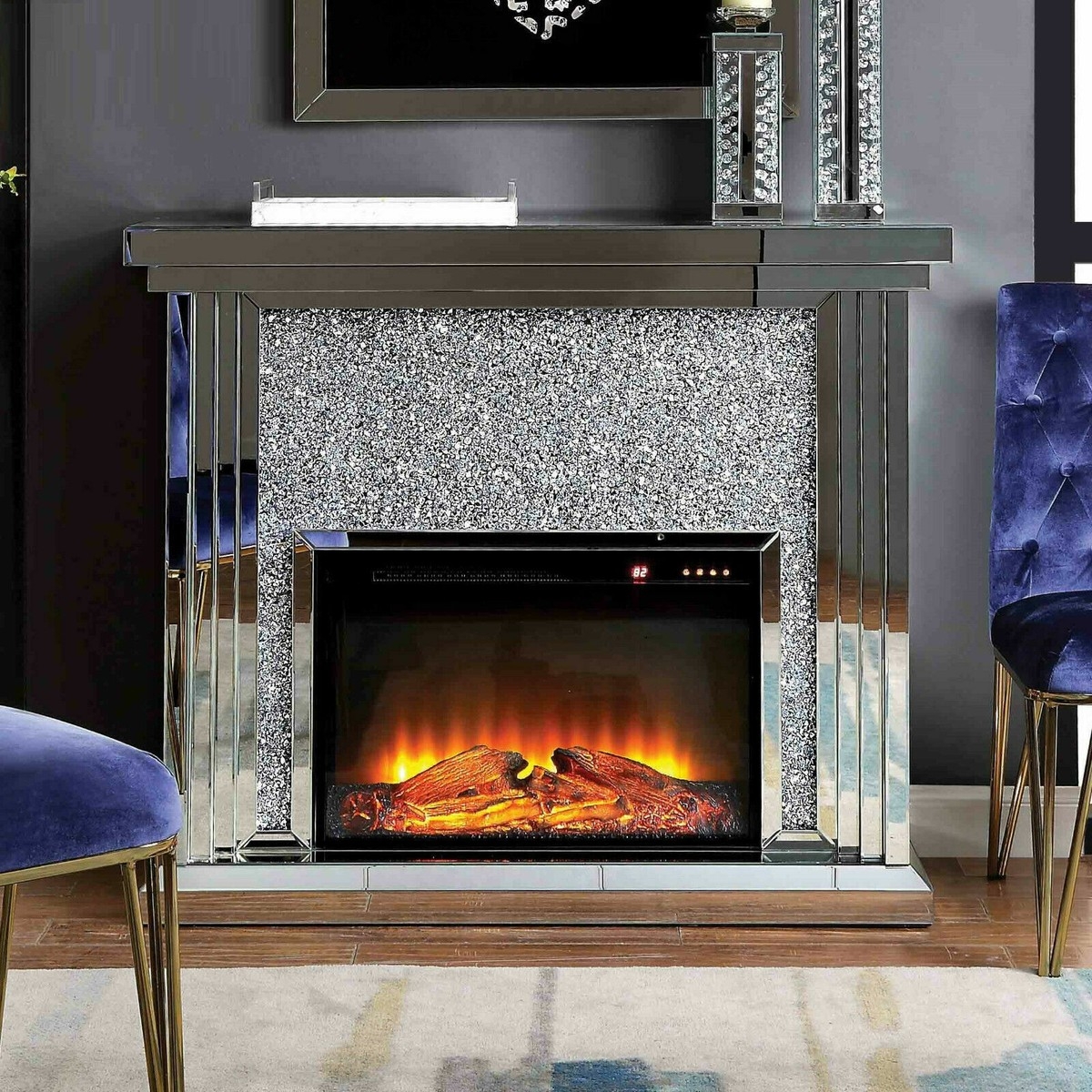 Electric Fireplace Venetian Mirrored Surround Crushed Diamond