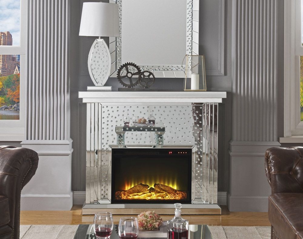 Electric Fireplace White Mantel Crystal Embellished