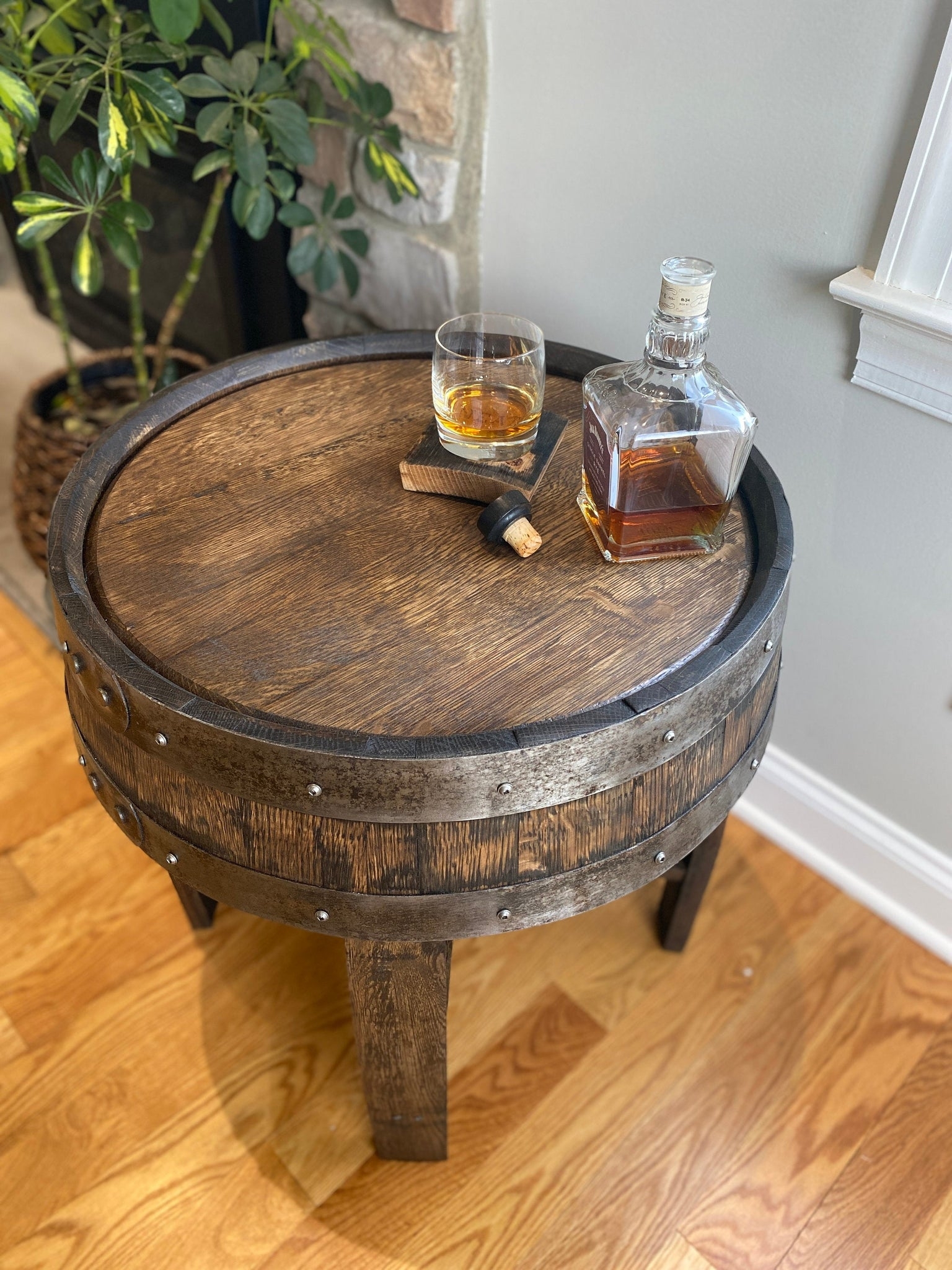 End Table having Recessed Top and Vintage Barrel Home Decor