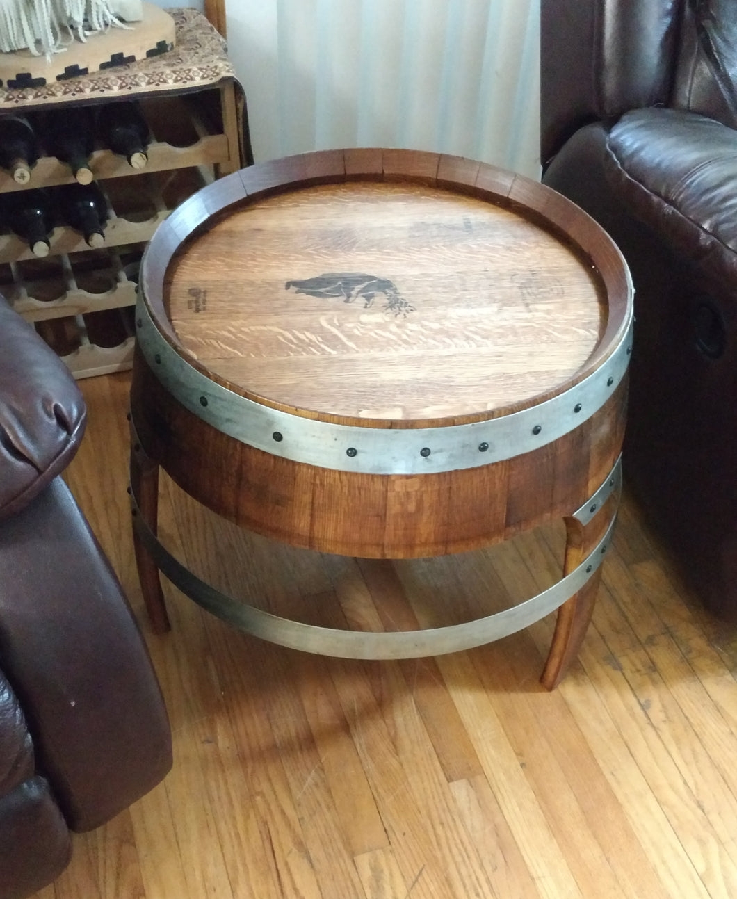 End Table showing Riveted Metal Trim and Rustic Wine Barrel