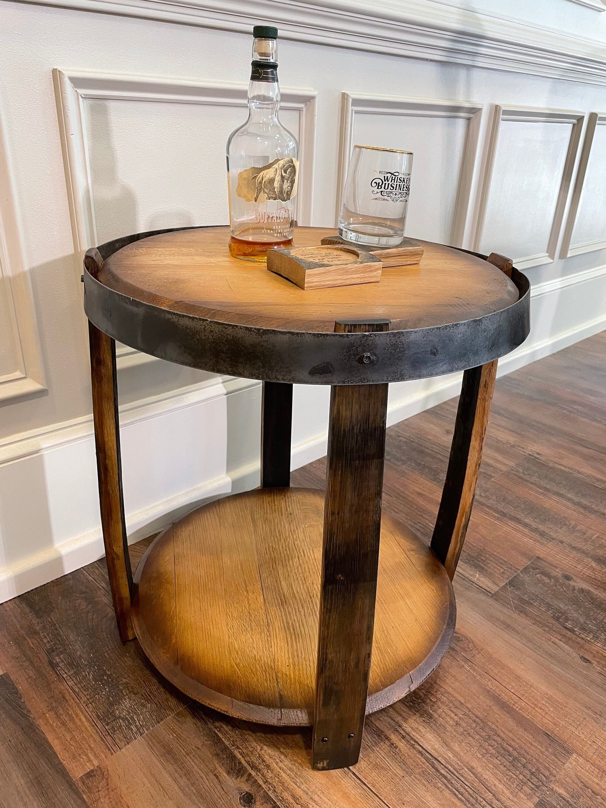 End Table Two-Tier Rustic Accent Table with Bourbon Barrel Top