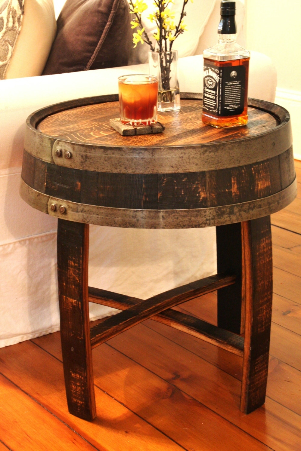 End Table with Charred Finish and Recycled Stave Side Table