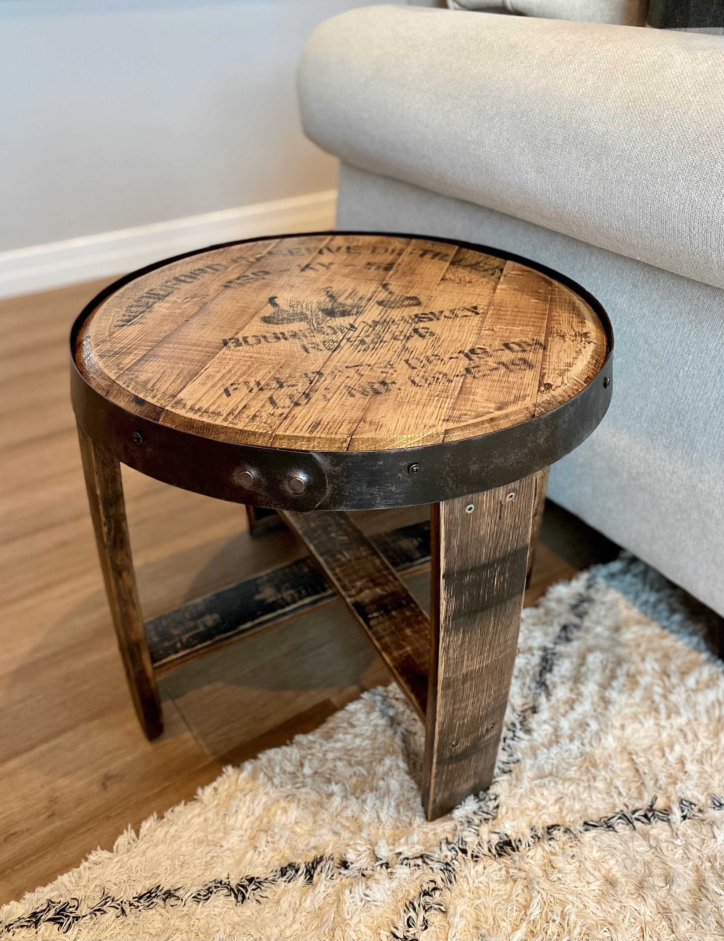 End Table with Distillery Stamped Reclaimed Whiskey Barrel Wood
