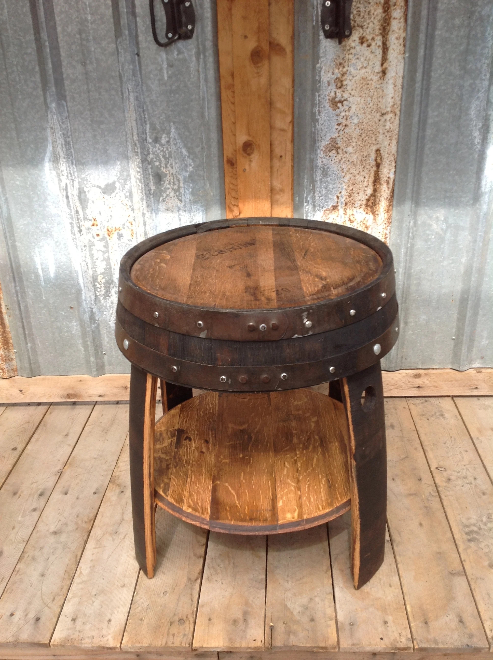 End Table with Reclaimed Aesthetic and Round Whiskey Barrel Top