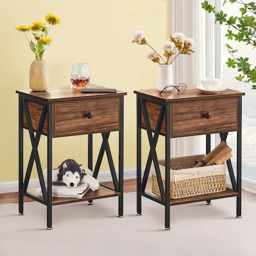 End Table X-Frame Sides Wood Toned Drawer Set of 2