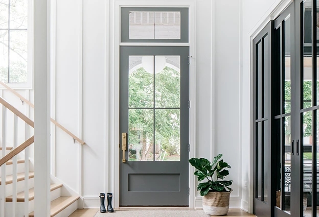 Entry Door Charcoal Finish Four Lite Glass Farmhouse